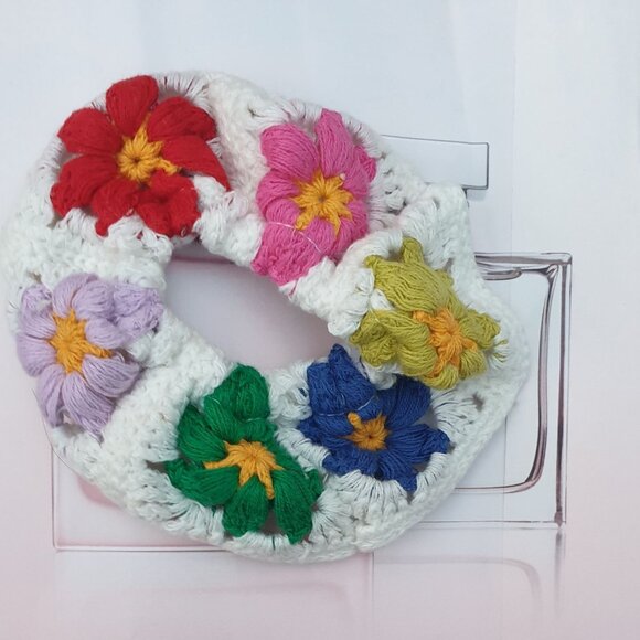 Flowers Multi Colors Crochet Long Hair Scrunchie Elastic Tie Accessory Gift - Picture 2 of 2